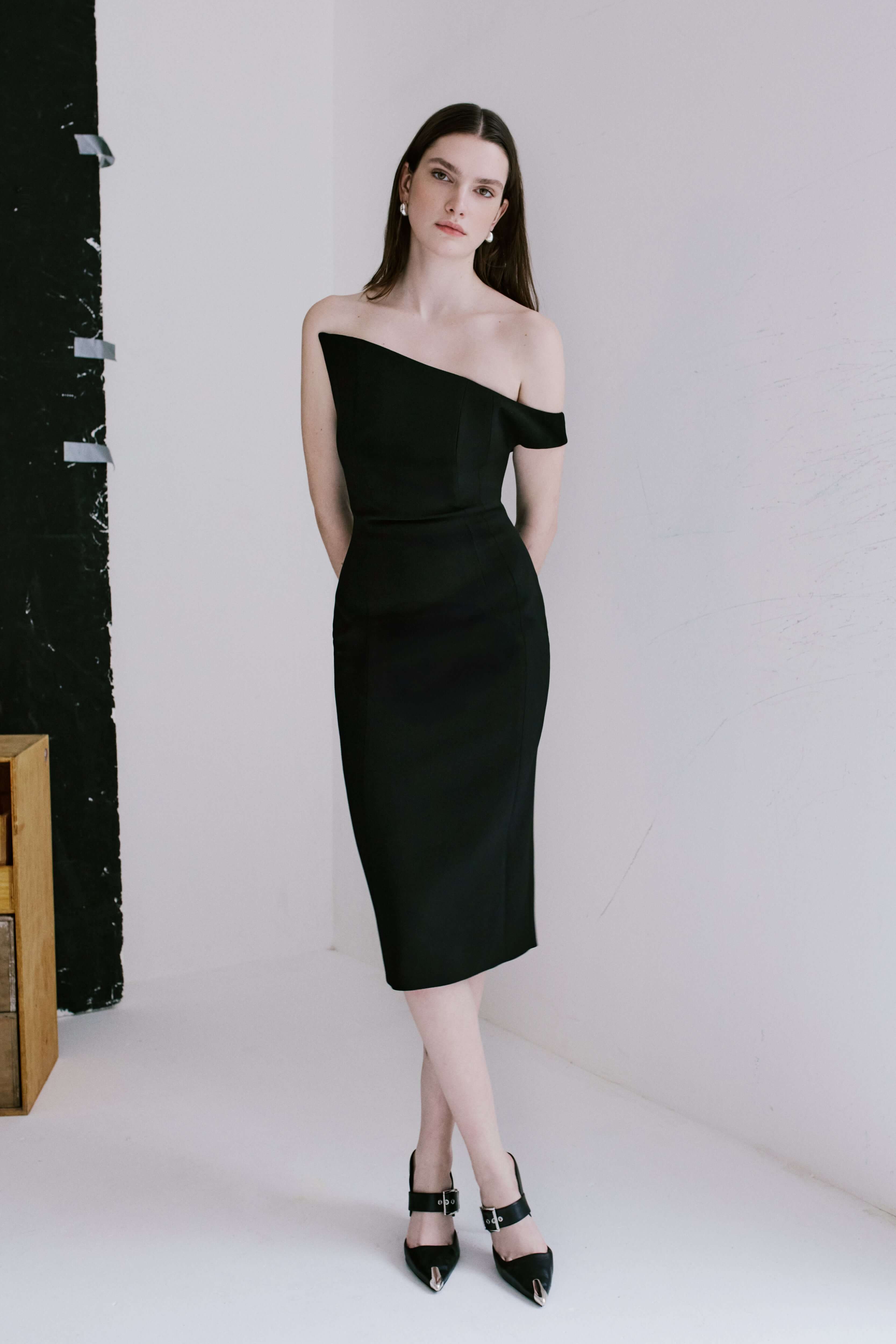Asymmetrical Boat Neck Midi Dress