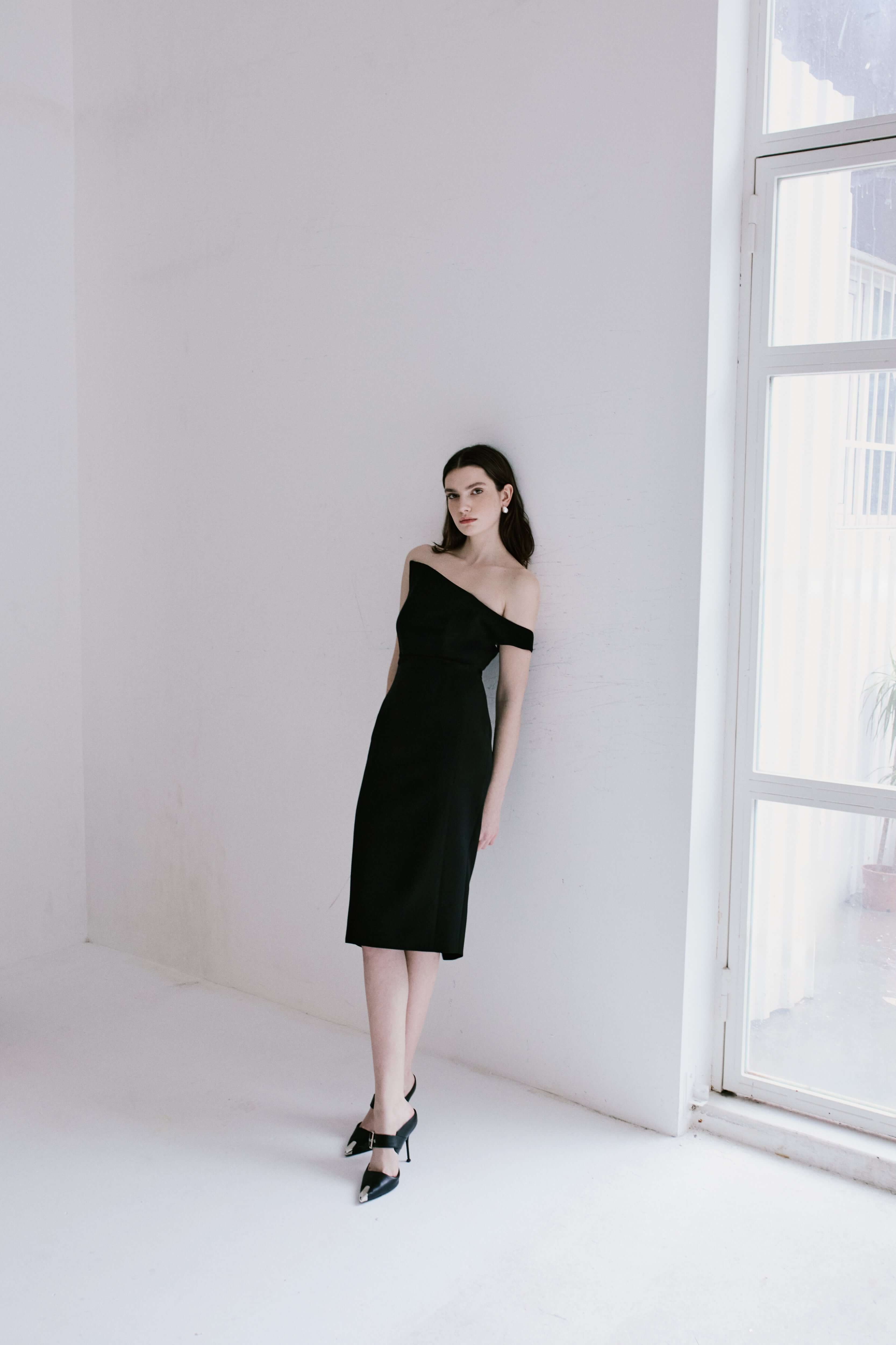Asymmetrical Boat Neck Midi Dress